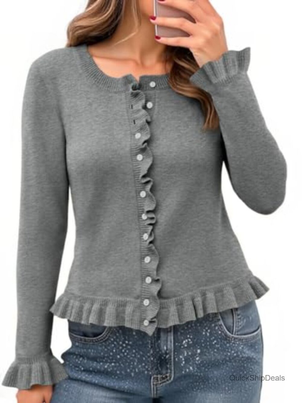 Saodimallsu Ruffle Cardigan Long Sleeve Cropped Sweater